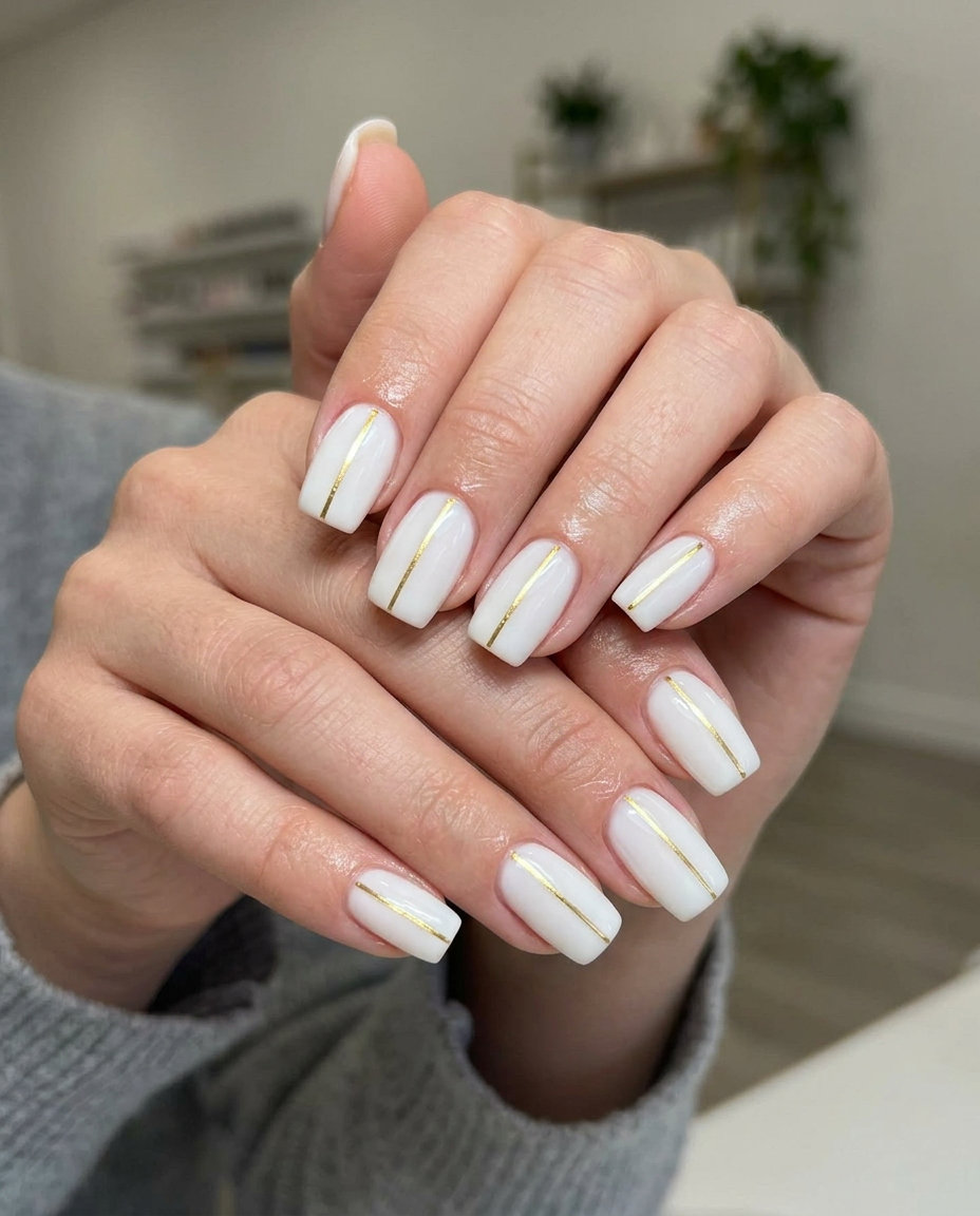 Milky white coffin nails with gold lines, a chic minimalist style for daily wear and work. Summer manicure colors 2026.