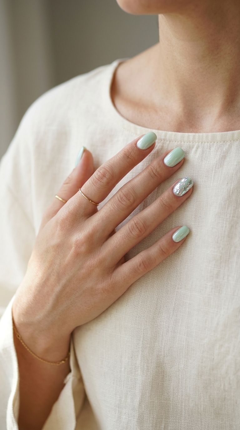 Mint Green Shimmer nails: a fresh summer manicure color 2026 for daily wear and brunches.