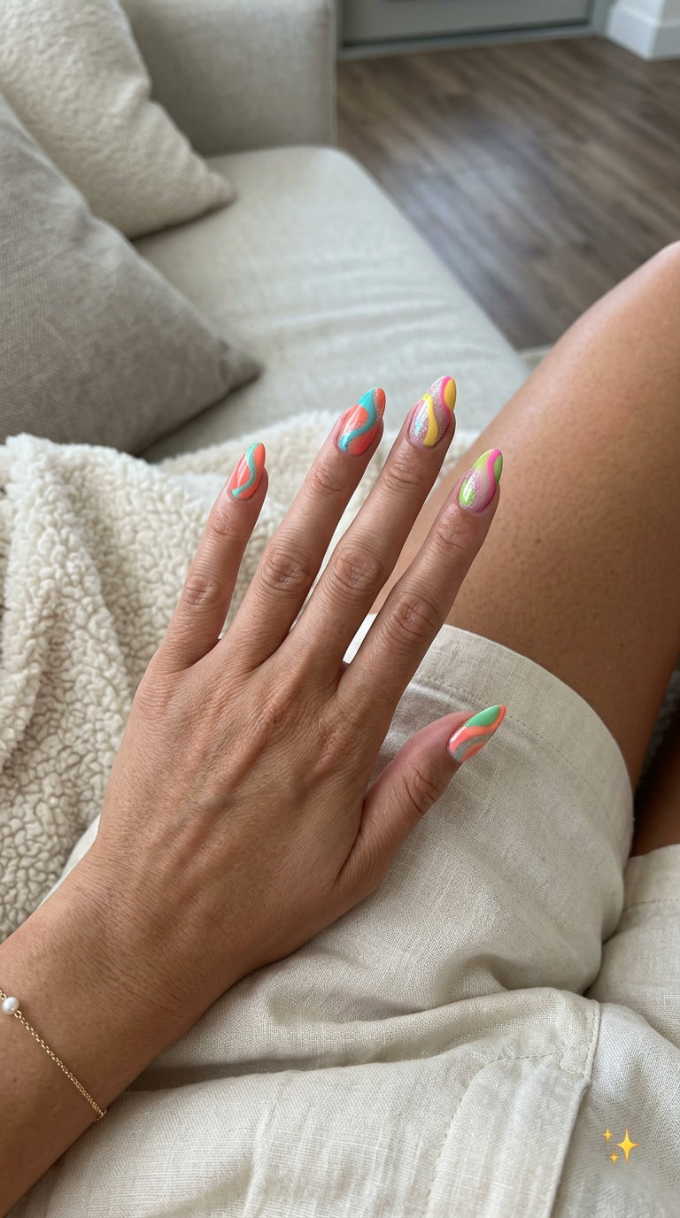 Multicolor Abstract Summer Swirls nails: a vibrant summer manicure color 2026 for festivals.