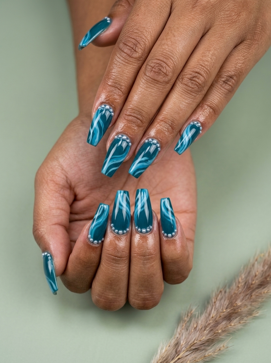 Oceanic Teal Swirls with Pearl Accents nails: a bohemian summer manicure for 2026.