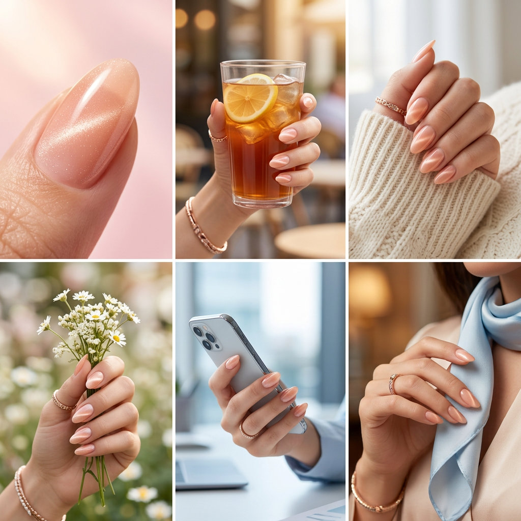 Peach cat-eye shimmer almond nails for date night. Sultry and romantic summer manicure colors 2026.