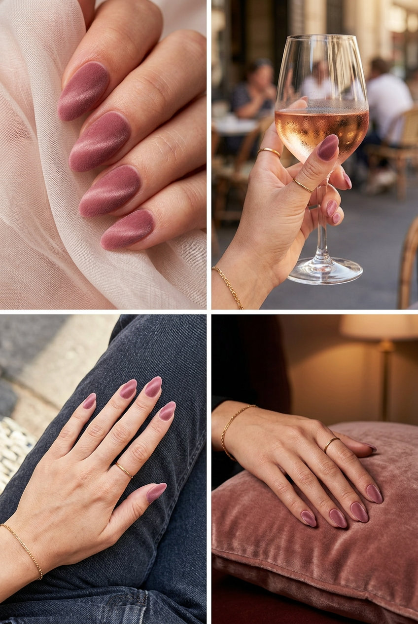 Matte dusty rose velvet nails for summer matte nails 2026. Romantic, elegant look for evening events.