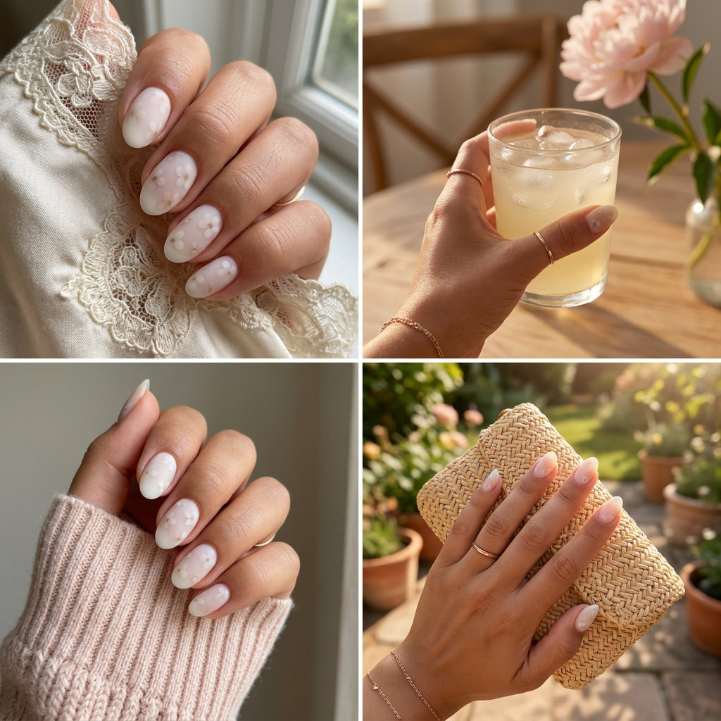 Matte cream milky bath blooms nails for summer matte nails 2026. Romantic, ethereal style for weddings and events.