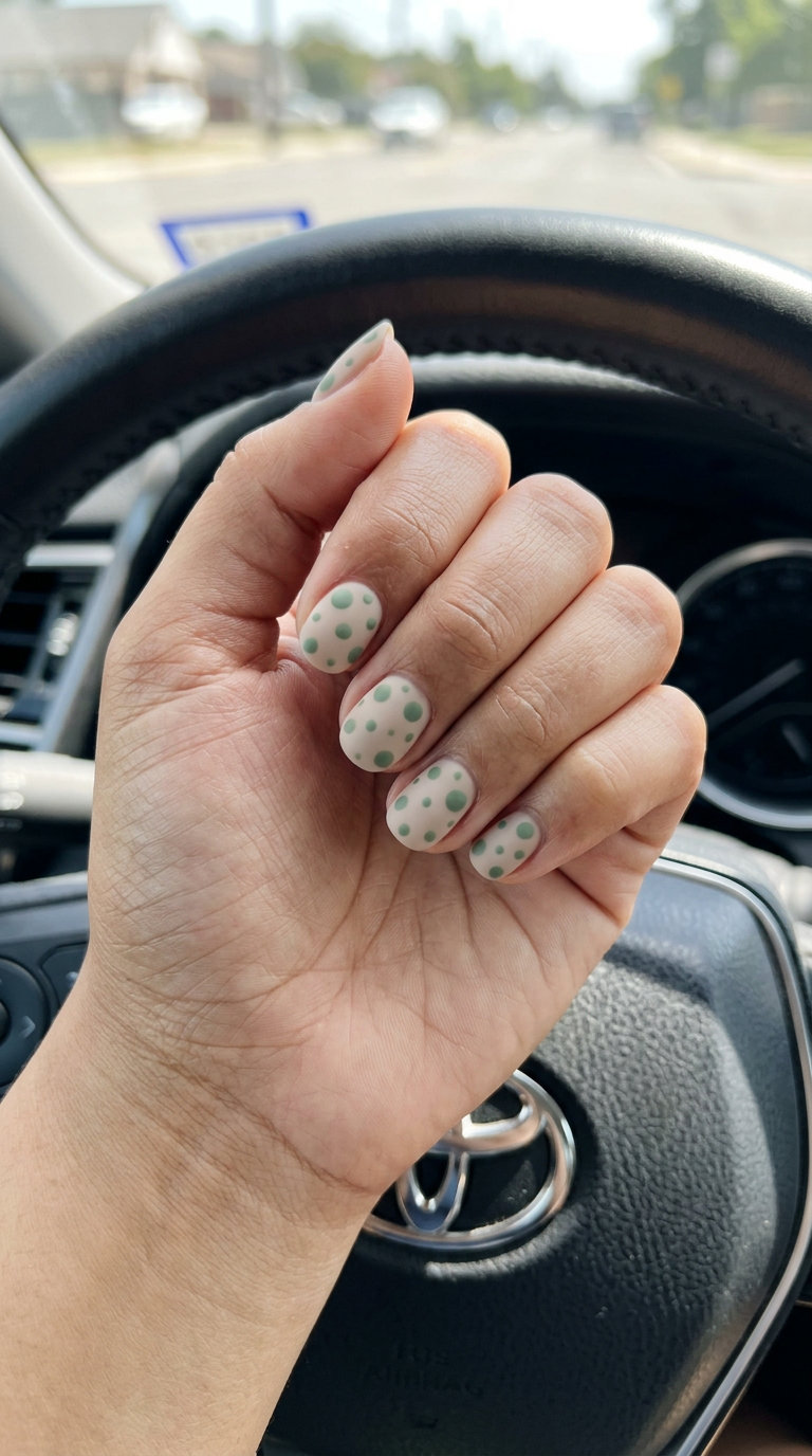 Matte sage green dots on a neutral base for summer matte nails 2026. Whimsical vacation style.