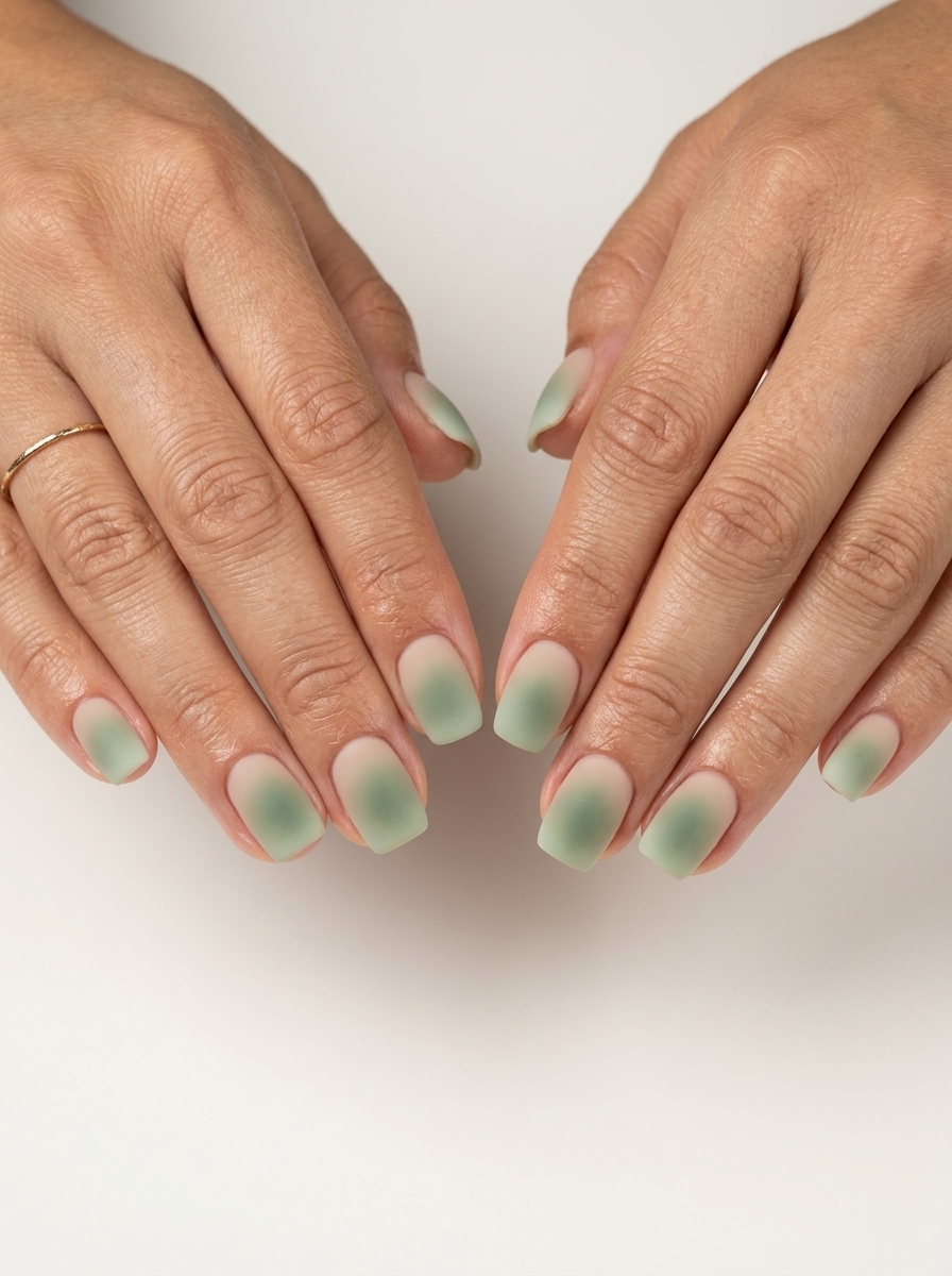 Bohemian sage green matte gradient aura nails for daily wear, casual outings, and summer festivals. Summer matte nails 2026.