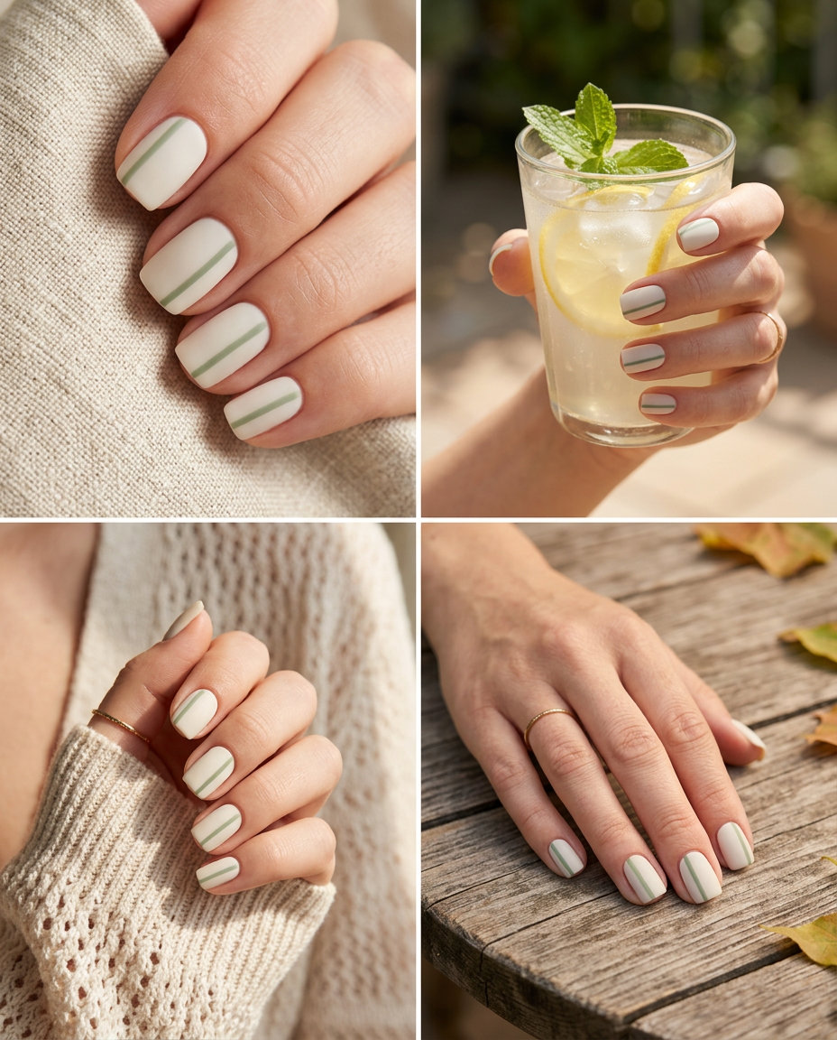 Matte sage green stripes on off-white base nails for summer matte nails 2026. Bohemian travel style.