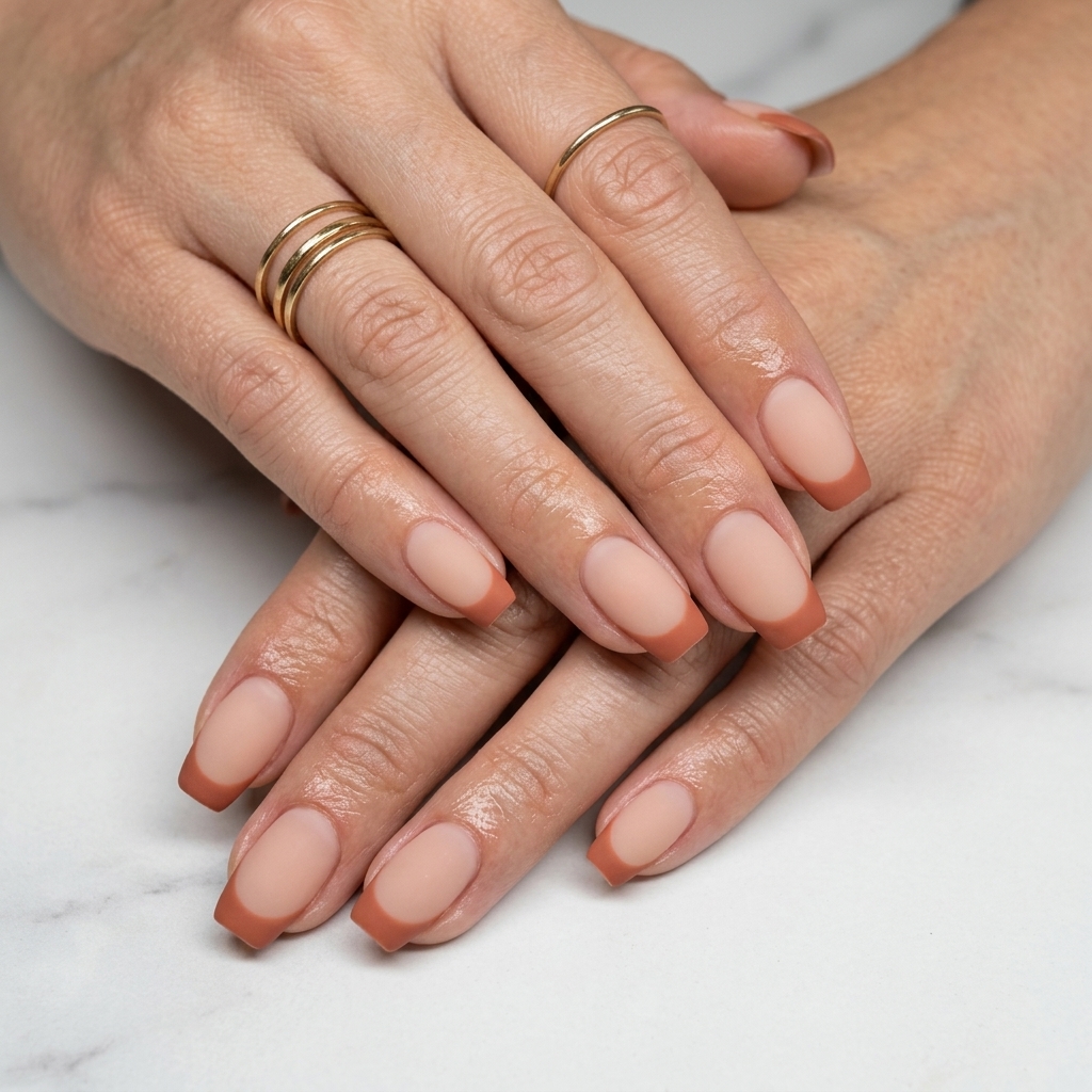 Chic terracotta matte French vacation nails for summer travel, vacations, and casual days out. Summer matte nails 2026.