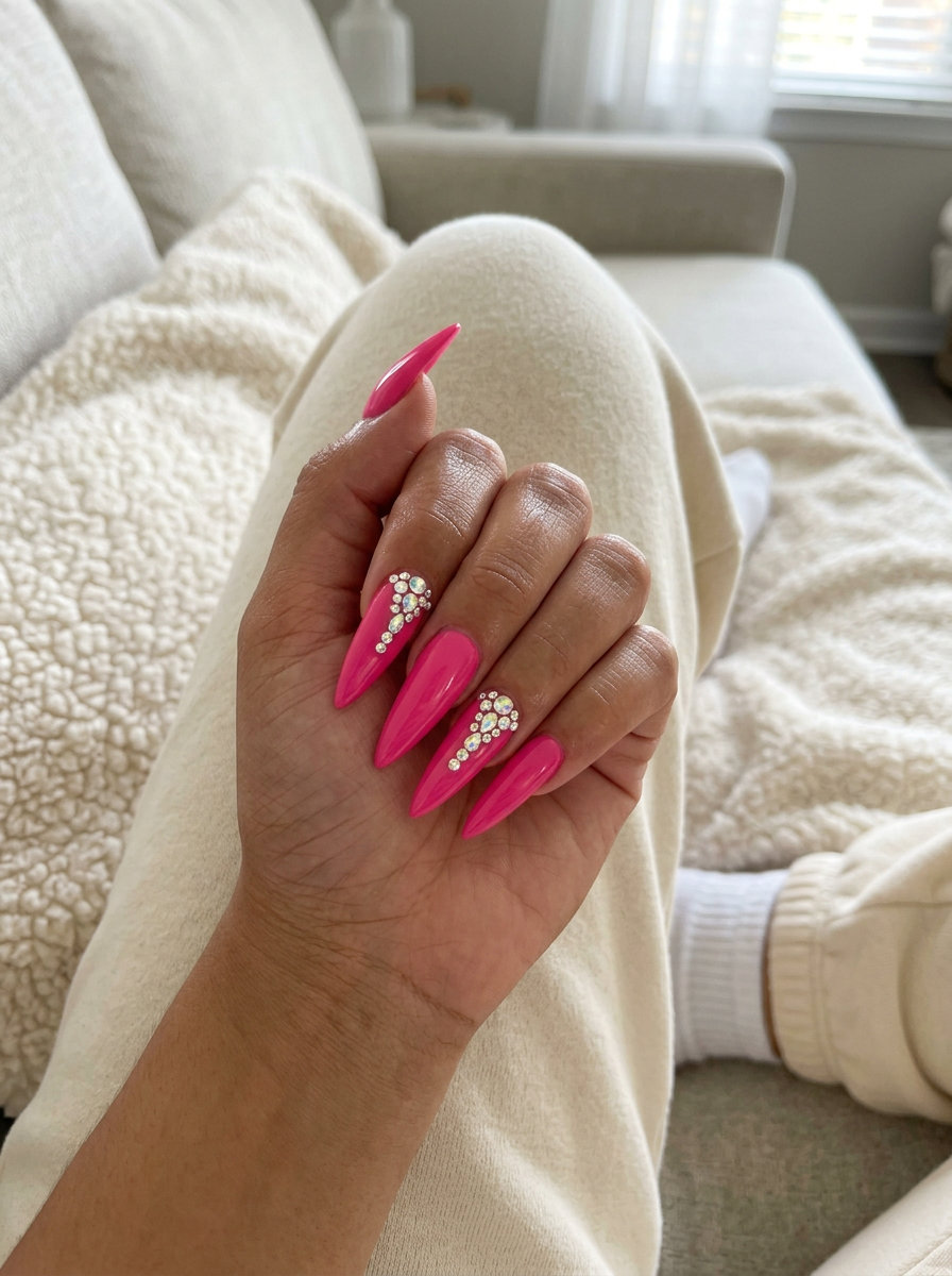 Glamorous Summer Nail Colors 2026: Pink Rhinestone Glamorous summer nail colors 2026: Hot pink stilettos with rhinestone accents for parties.