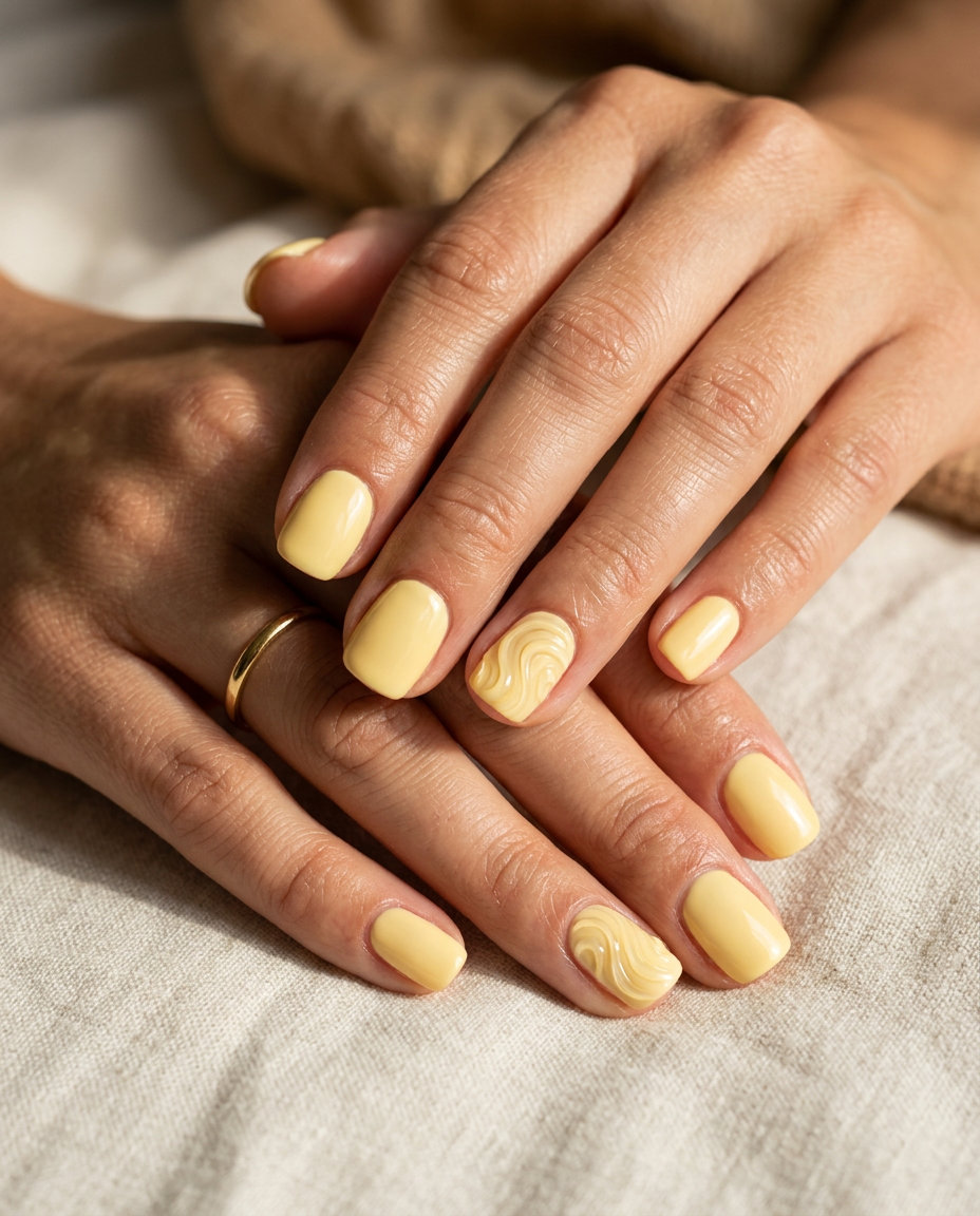 Artistic Summer Nail Colors 2026: Butter Yellow Swirls Artistic summer nail colors 2026: Butter yellow with textured swirls on soft square nails for casual outings.