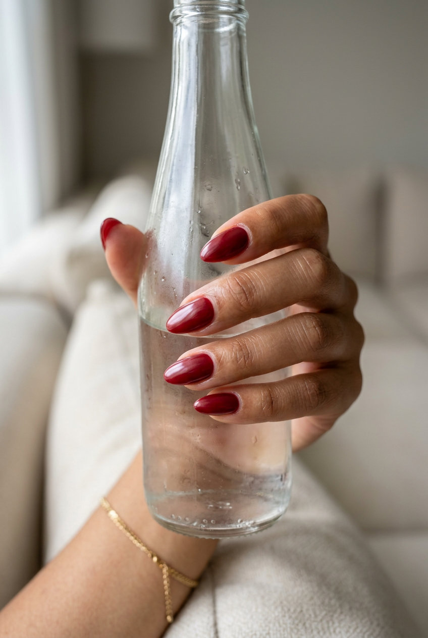 Retro Cherry Cola Glaze 2026: Sophisticated Deep cherry cola red glazed almond nails for a retro vibe. Summer nail colors 2026.