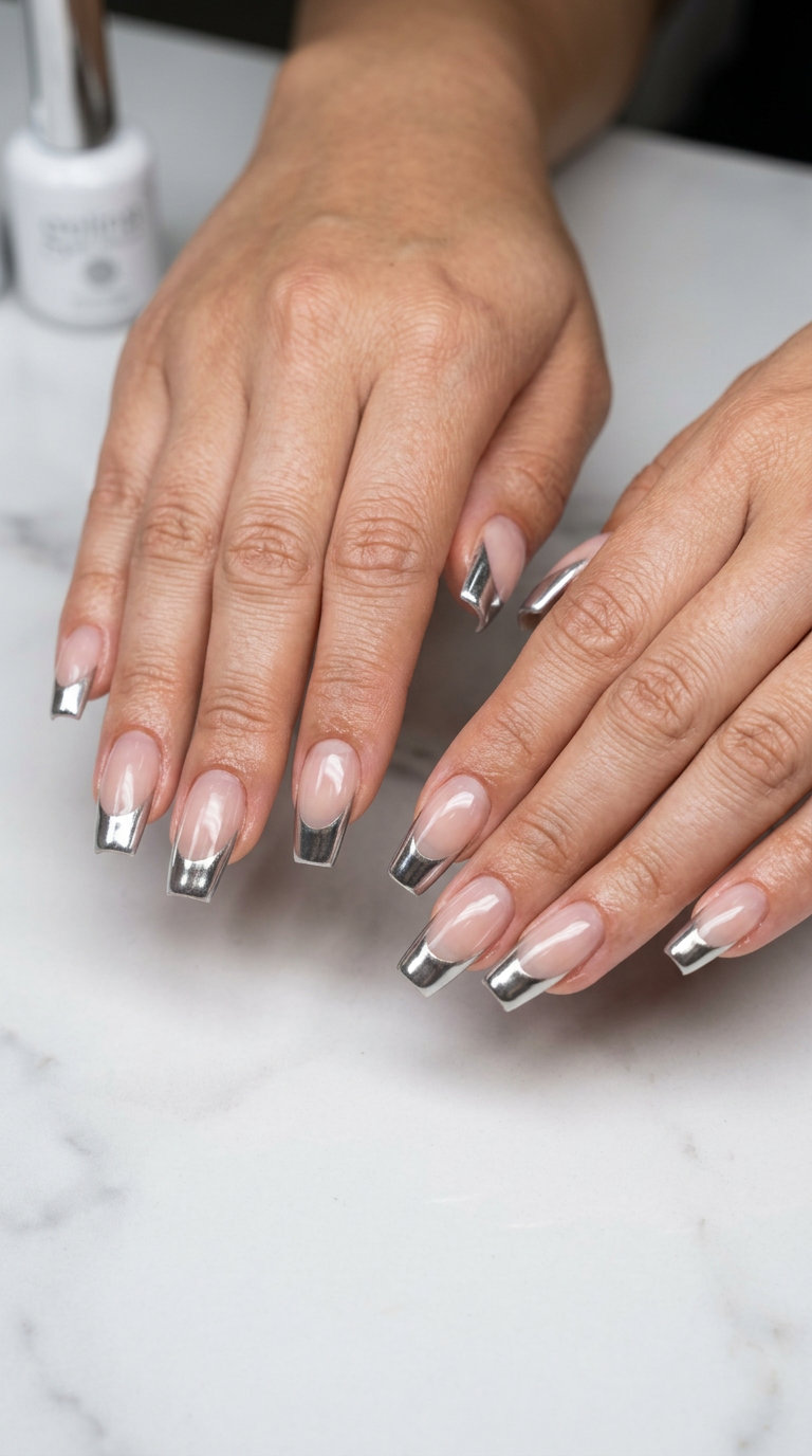 Edgy Summer Nail Colors 2026: Cyber Chrome French Edgy summer nail colors 2026: Futuristic cyber chrome French tips on pipe-shaped nails for nights out.