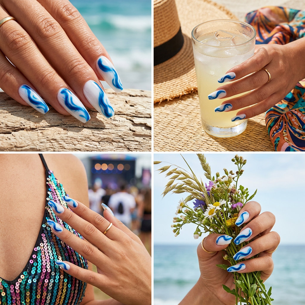 Bohemian Summer Nail Colors 2026: Ocean Swirls Bohemian summer nail colors 2026: Deep ocean blue swirls on milky white almond nails for festivals.