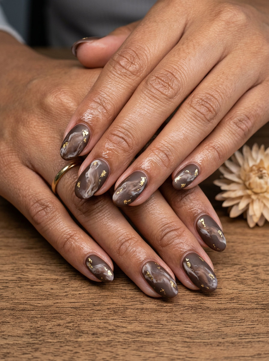 Espresso Marble: Summer Nail Colors 2026 Sophisticated espresso brown marble with gold foil on soft square nails. Chic summer nail colors 2026.