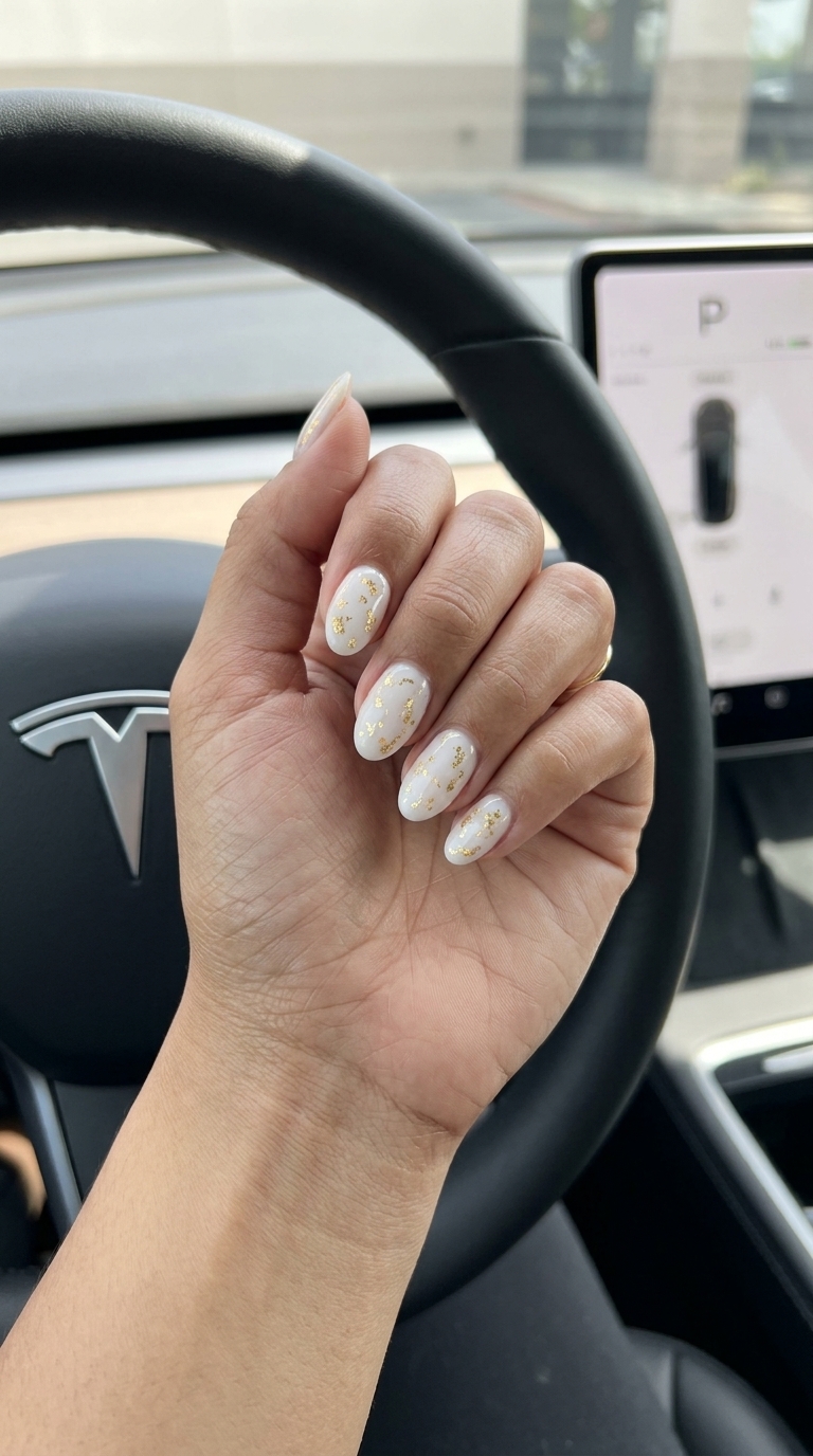 Gilded Ivory Whisper Nails 2026: Elegant Milky white nails with gold foil accents for elegant style. Summer nail colors 2026.
