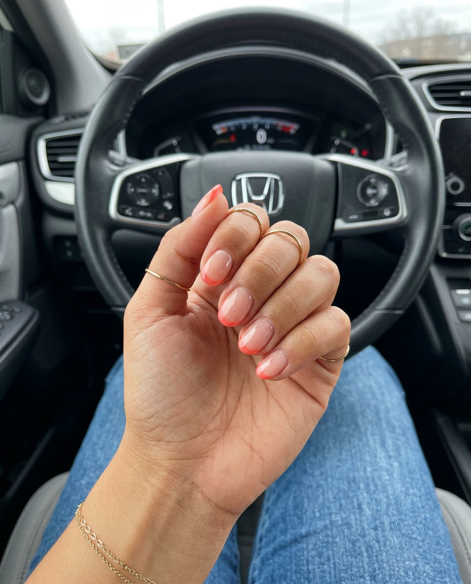 Coral Micro French: Summer Nail Colors 2026 Chic juicy coral micro French tip on short oval nails. Effortless summer nail colors 2026.
