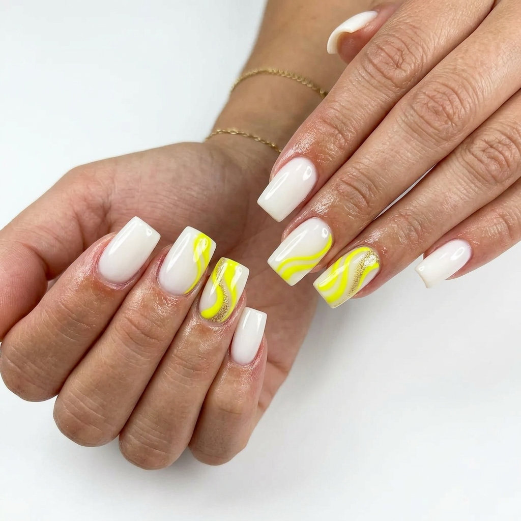 Playful lemon yellow swirls with gold glitter on milky white short oval nails. Summer nail colors 2026.