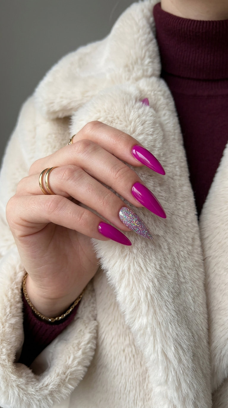 Electric Magenta Glitter Nails 2026: Party Glam Vivid magenta nails with holographic glitter accents for party or date night. Summer nail colors 2026.