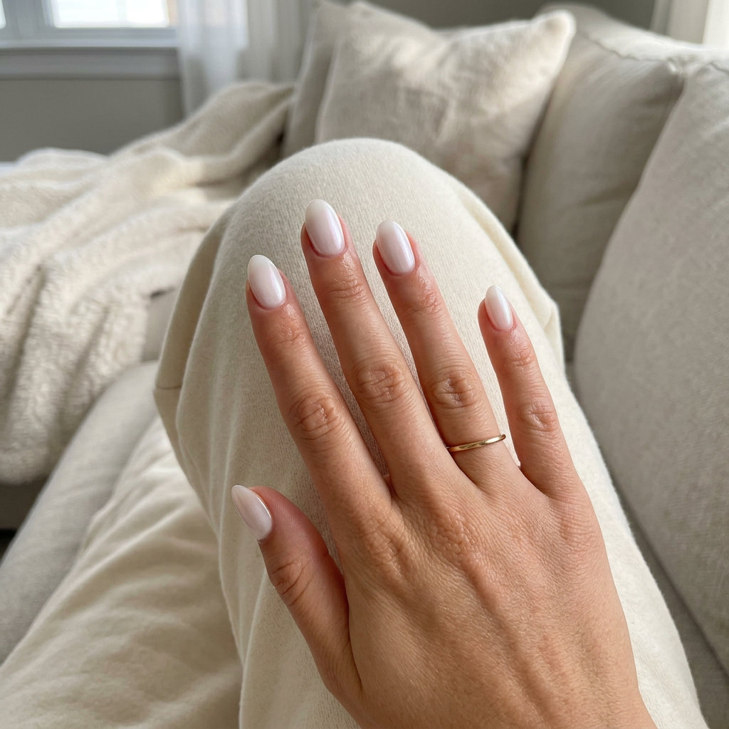 Milk Bath Almonds: Summer Nail Colors 2026 Ethereal summer cloud nine milk bath almond nails with pearlescent sheen. Romantic summer nail colors 2026.