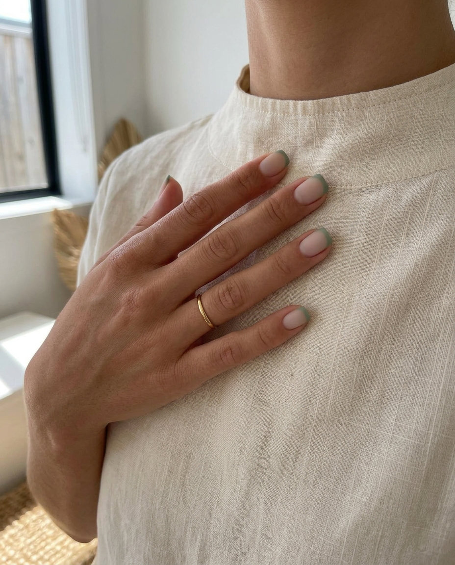 Sage Green Matte French: Summer Nails 2026 Minimalist sage green matte French tip on soft oval nails. Chic summer nail colors 2026.