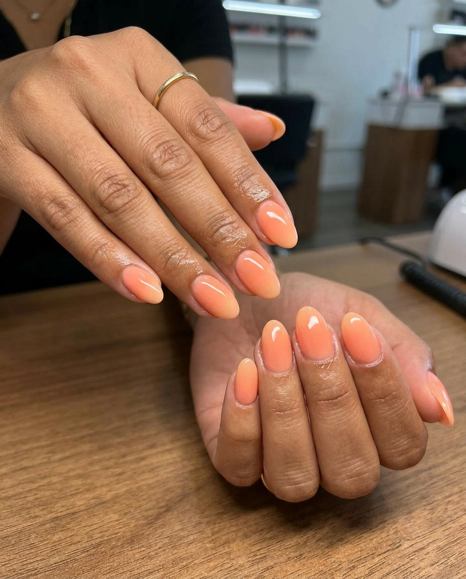 Sunset Peach Aura: Summer Nail Colors 2026 Dreamy sunset peach aura gradient on medium oval nails. Romantic summer nail colors 2026.