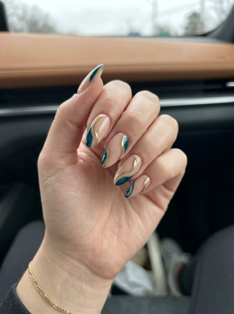 Abstract Teal & Gold Swirls - Summer Nail Ideas 2026 Abstract teal and gold swirls for summer nail ideas 2026, artistic for festivals.