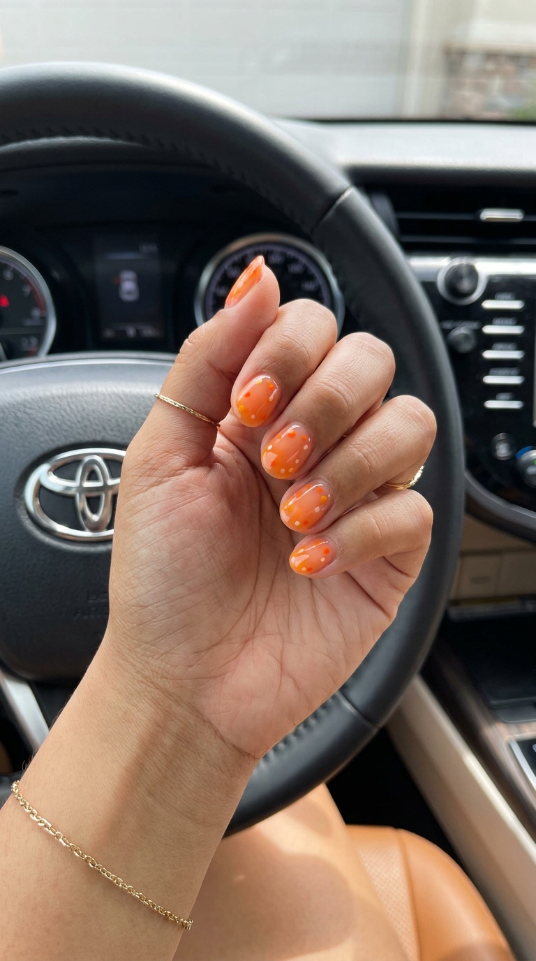 Citrus Jelly Orange Dots: Summer Nail Manicure Ideas 2026 Citrus Jelly Orange Dots: Sheer orange jelly nails with dots. Summer nail manicure ideas 2026 for beach days.
