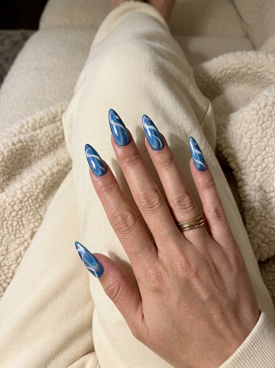Cosmic Wave Holographic Nails - Summer Nail Ideas 2026 Cosmic wave holographic nails for summer nail ideas 2026, bold for parties.