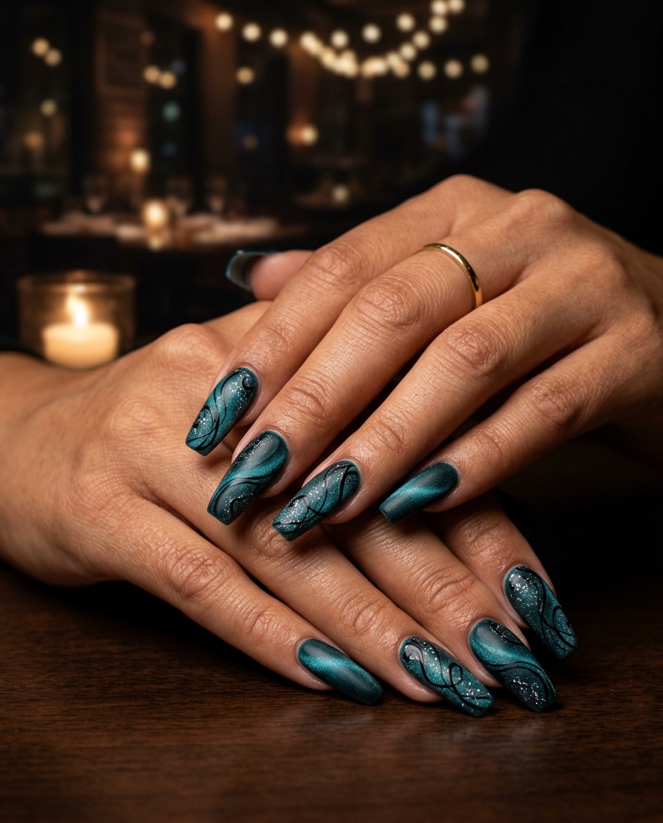 Deep Teal Velvet Swirls Nails 2026 Deep Teal Velvet Swirls nails for summer nail manicure ideas 2026, ideal for date nights and evening events.