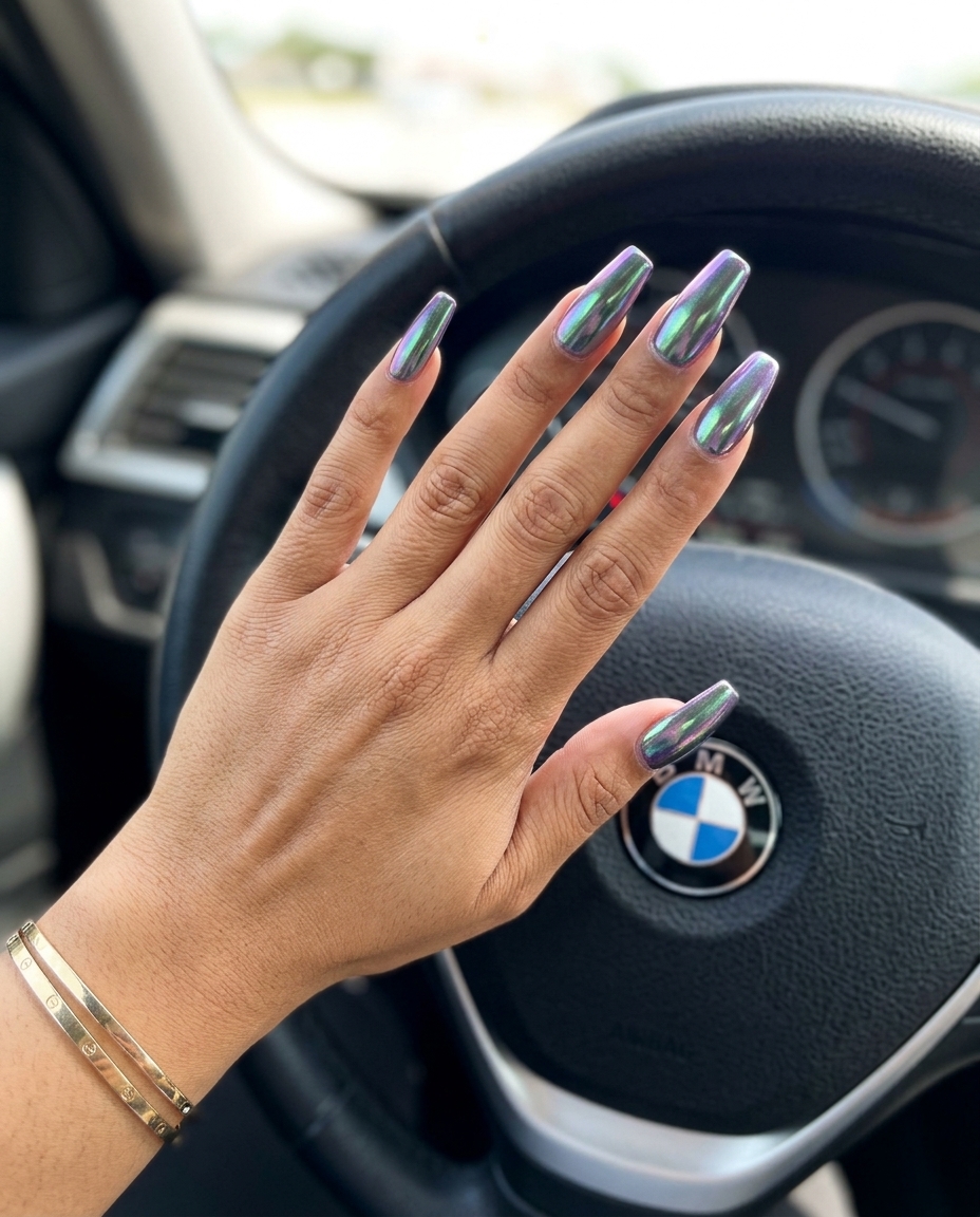 Mermaid Chrome Dreams Coffin Nails - Summer Nail Ideas 2026 Mermaid chrome dreams coffin nails for summer nail ideas 2026, perfect for parties.