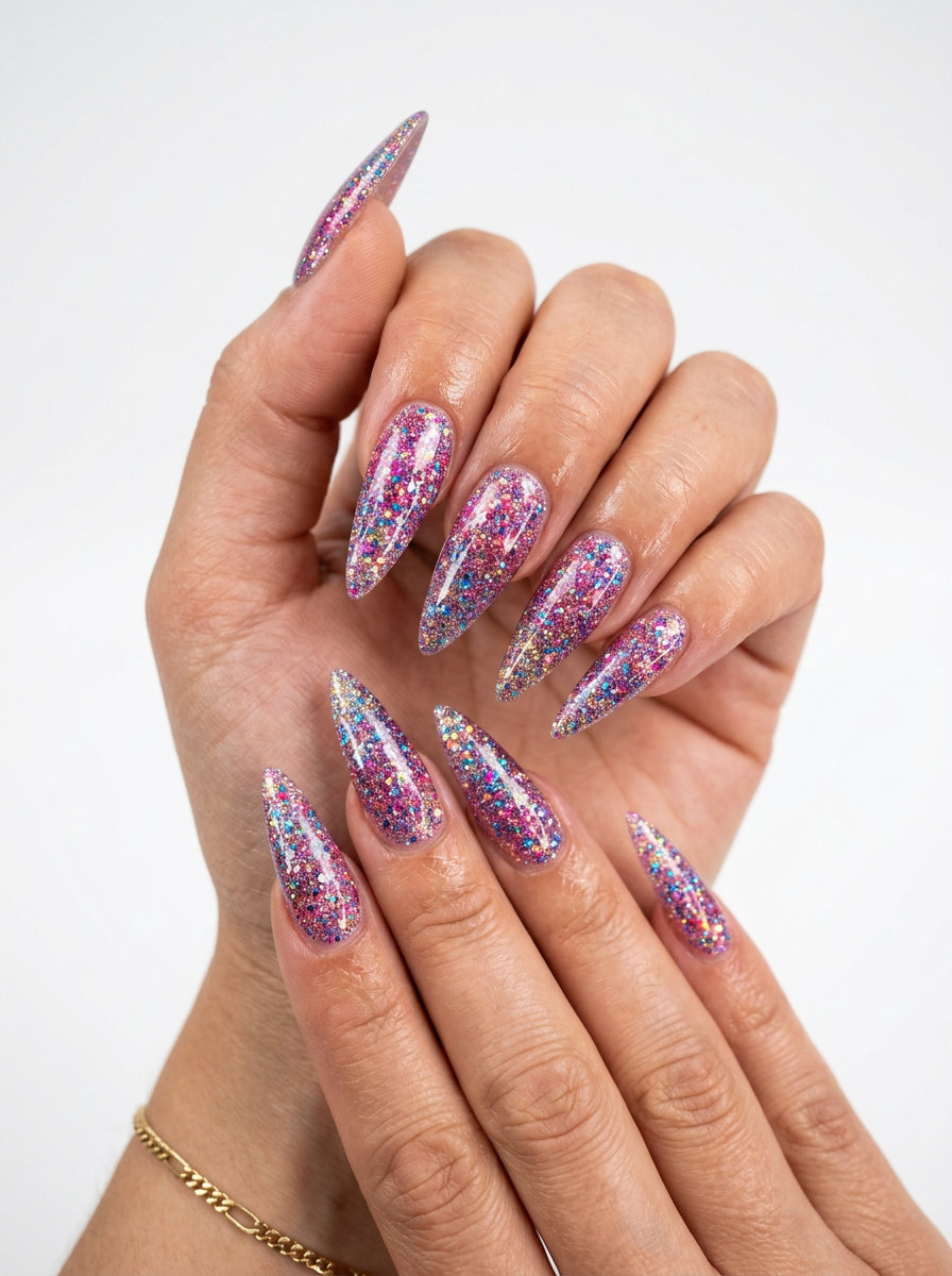 Sparkle Fade Glam Stiletto - Summer Nail Ideas 2026 Sparkle fade glam stiletto nails for summer nail ideas 2026, perfect for festivals.