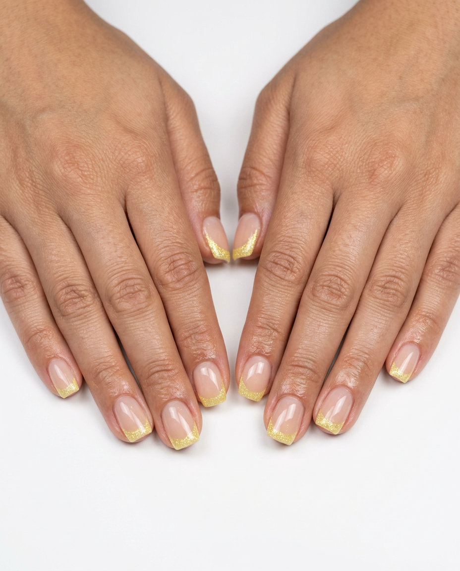 Sparkling Butter Yellow French Manicure - Summer Nail Ideas 2026 Sparkling butter yellow French tip manicure for summer nail ideas 2026, perfect for casual daytime.