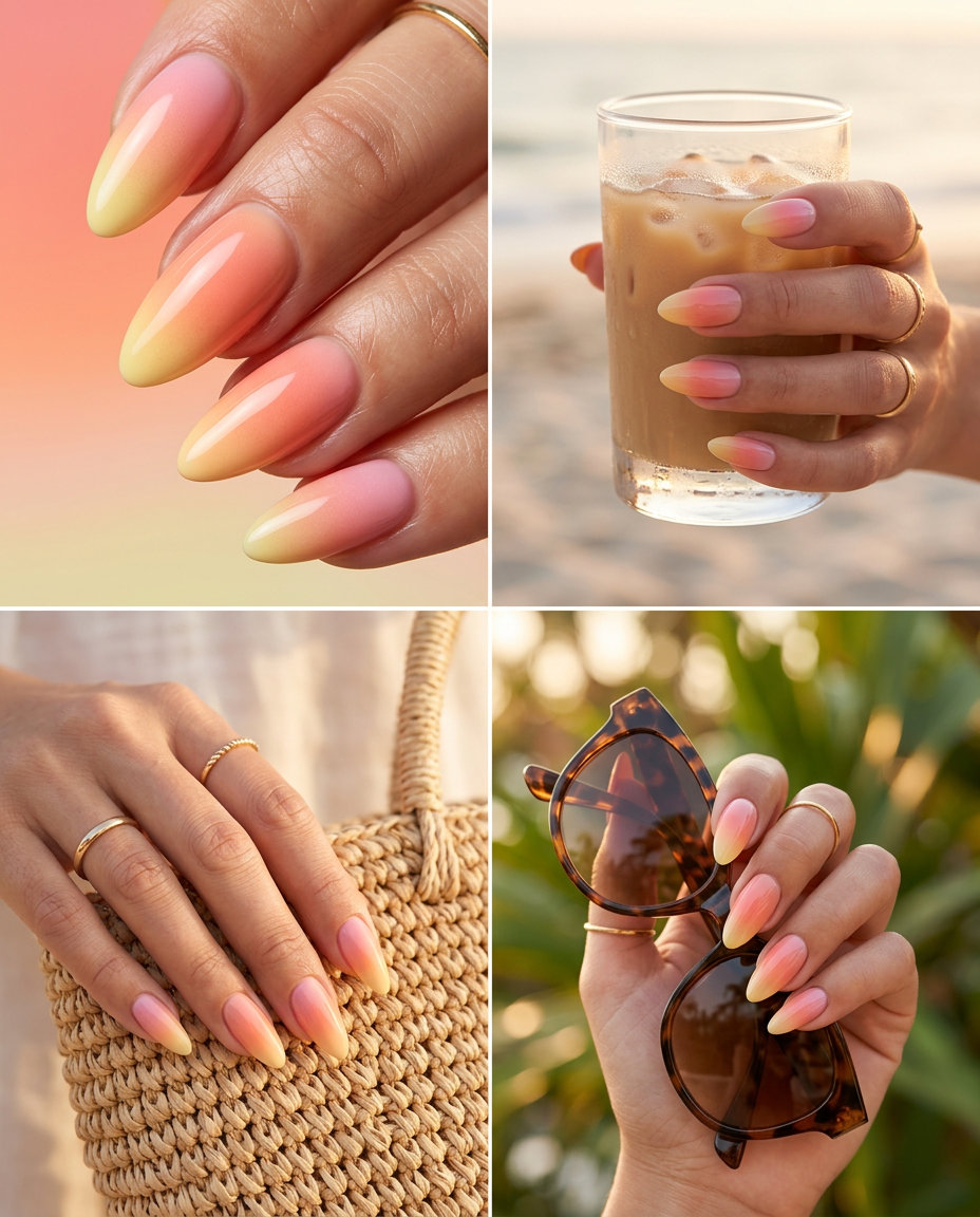 Sunset airbrush gradient manicure for summer nail ideas 2026, ideal for vacations.
