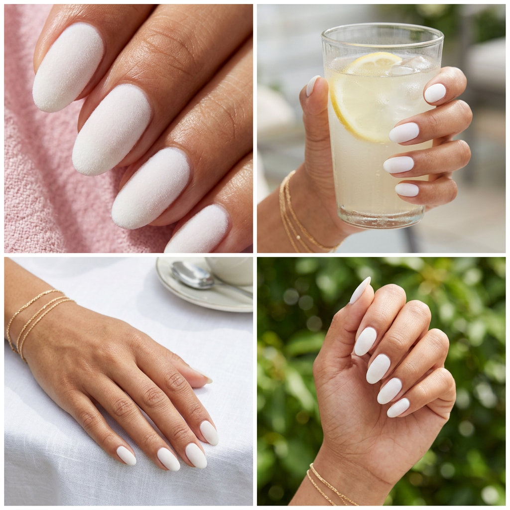 Velvet Cloud White Oval Nails 2026 Velvet Cloud White Oval nails for summer nail manicure ideas 2026, perfect for weddings and minimalist chic.