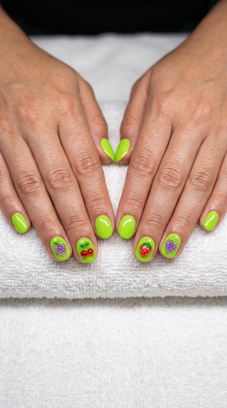 Y2K Fruit Charm Lime Green Nails - Summer Nail Ideas 2026 Y2K fruit charm lime green nails for summer nail ideas 2026, fun for parties.