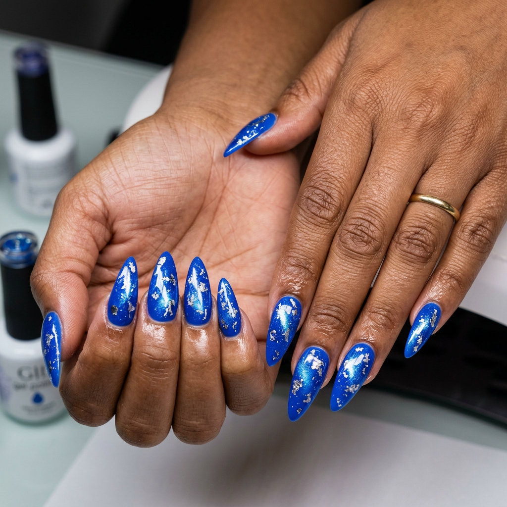 Edgy electric blue cosmic swirl nails for festivals and nights out, ideal for summer nails for brown skin tone 2026.