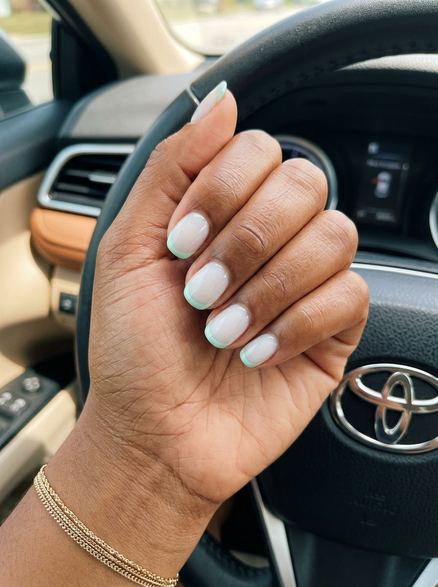 Refreshing mint green micro French nails for clean-girl style, perfect for summer nails for brown skin tone 2026.