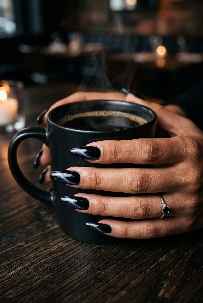 Black cat-eye coffin nails with iridescent shift, an edgy choice for summer nails colors 2026.