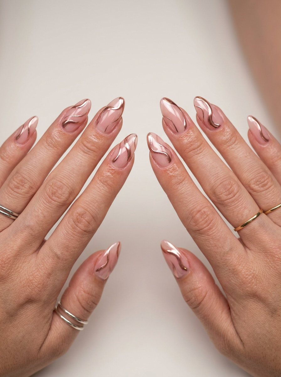 Blush pink chrome abstract swirl nails for date nights, a chic summer nails colors 2026 option.