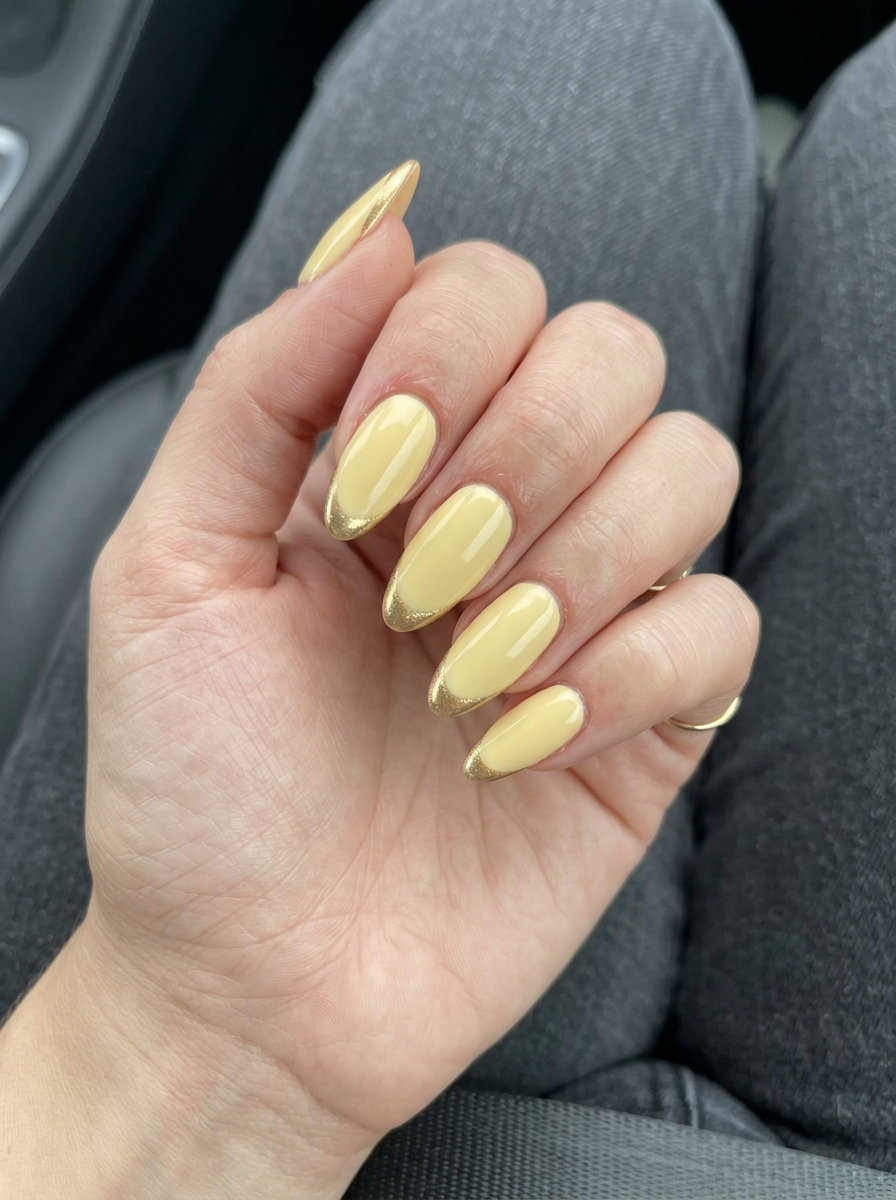 Buttercream Yellow Chrome French nails: Chic gold chrome tips for elegant summer nails colors 2026.