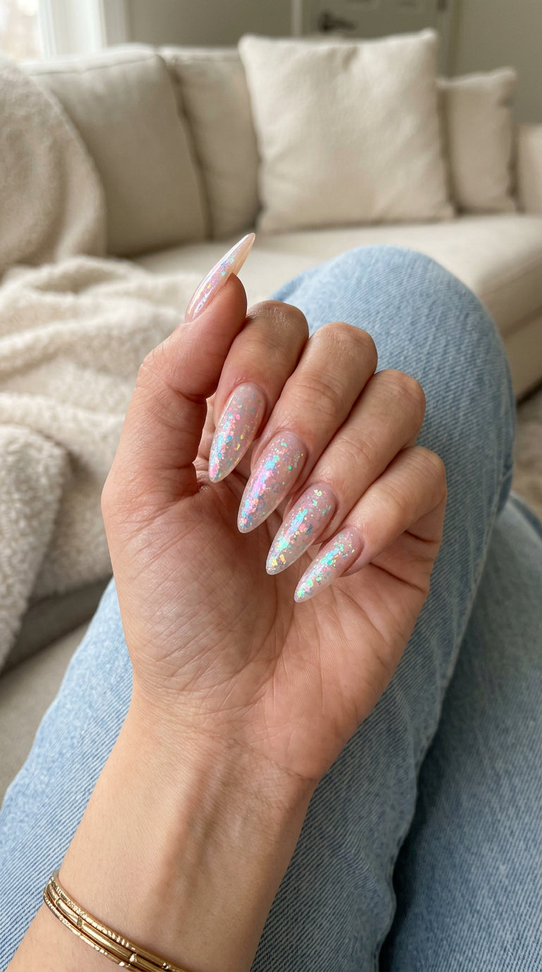 Cosmic Rainbow Holographic Flakes nails: Ethereal rainbow shift for dazzling summer nails colors 2026.