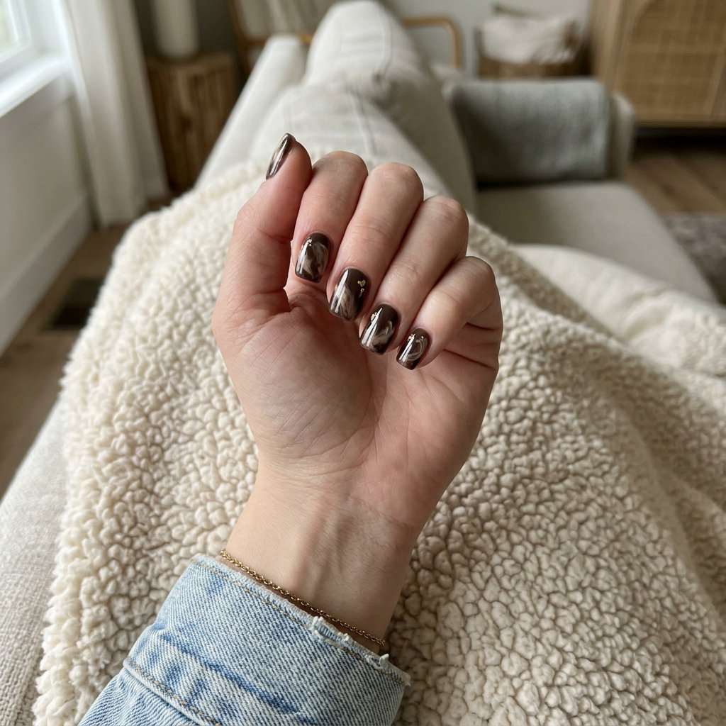 Espresso brown marble nails with gold flecks, sophisticated for summer nails colors 2026.