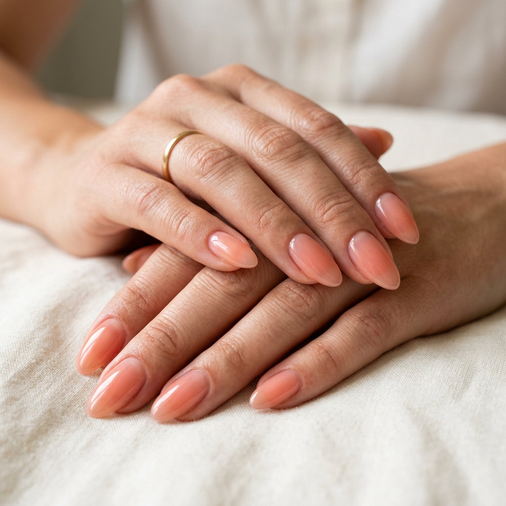 Juicy Peach Jelly Almond Glaze nails: sheer peach with high gloss. Summer nails colors 2026 for vacations and brunch.