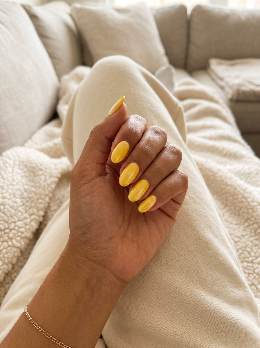Lemonade Bright Yellow Gloss nails: Vibrant opaque yellow for playful summer nails colors 2026 casual wear.