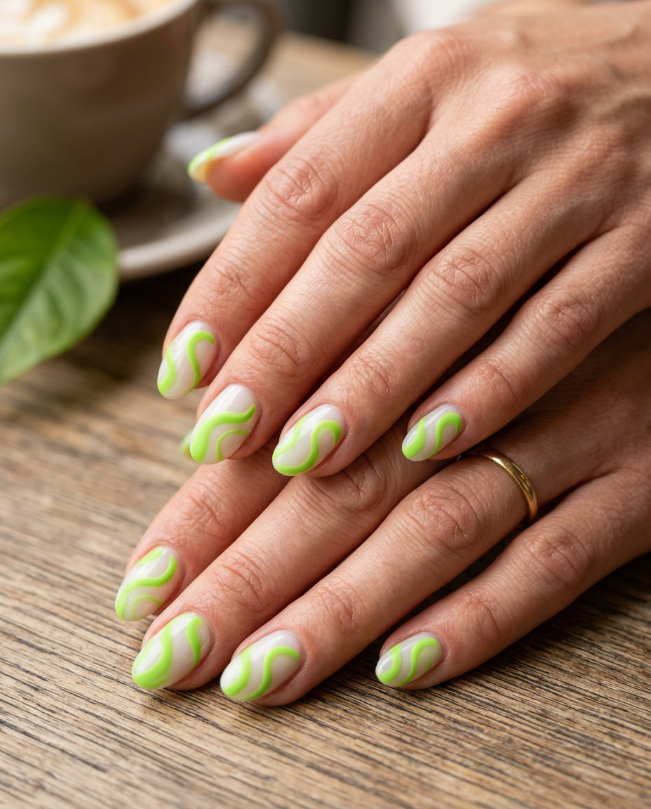 Lime Green Zesty Swirls nails: Artistic lime green swirls on milky white for vibrant summer nails colors 2026.