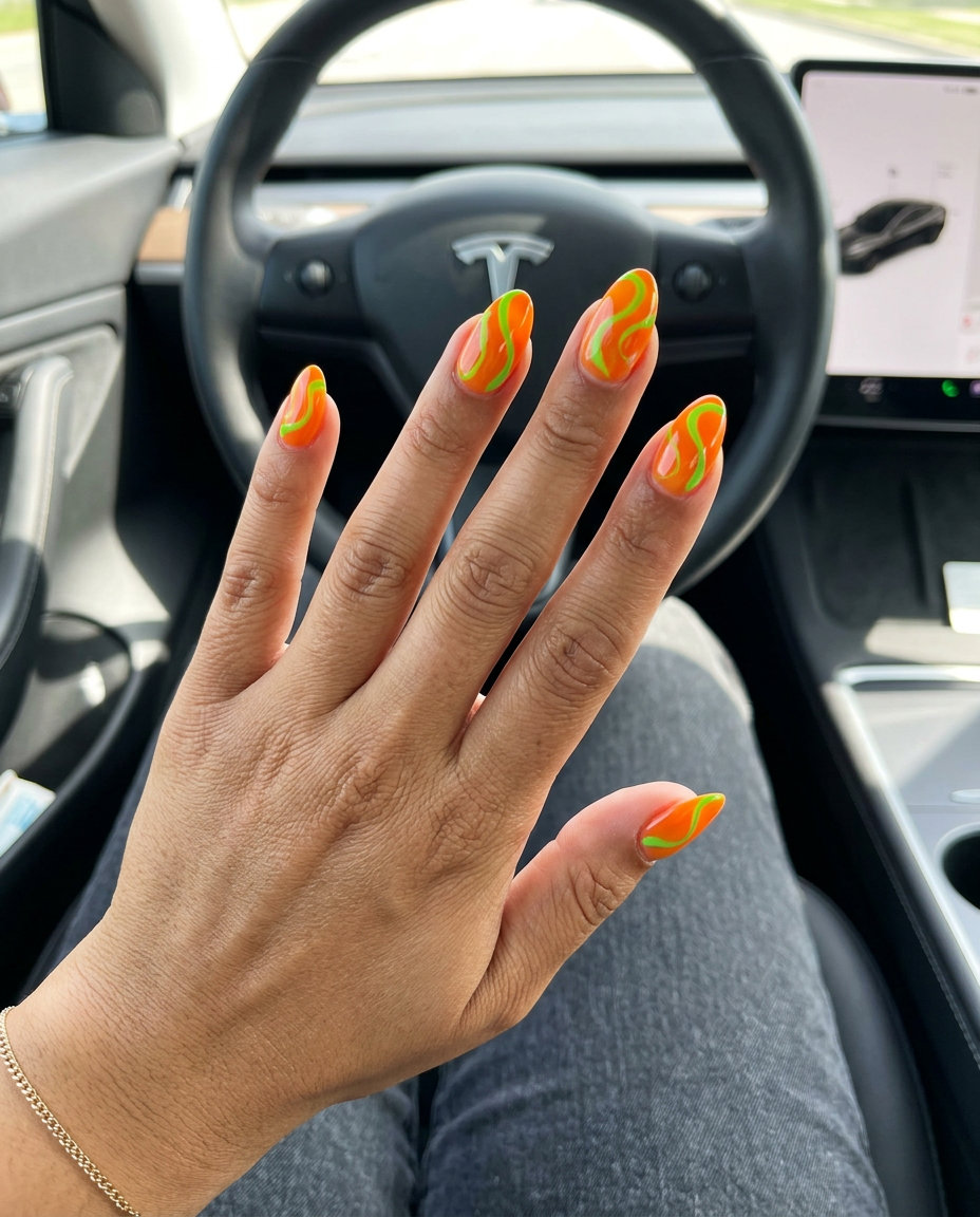Lime Green Zesty Swirls nails: abstract swirls on milky white. Summer nails colors 2026 for festivals and creative outings.