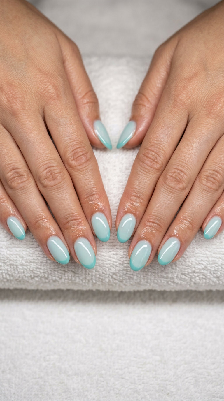Milky aqua reverse French tip nails, a clean and refreshing choice for summer nails colors 2026.