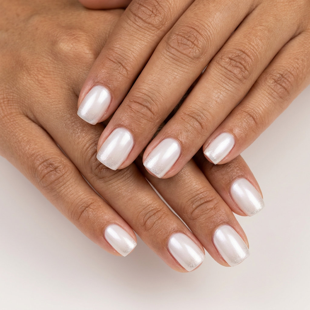 Moonbeam Pearlescent Almond Glaze nails: Sophisticated pearly white with silver shimmer for summer nails colors 2026.