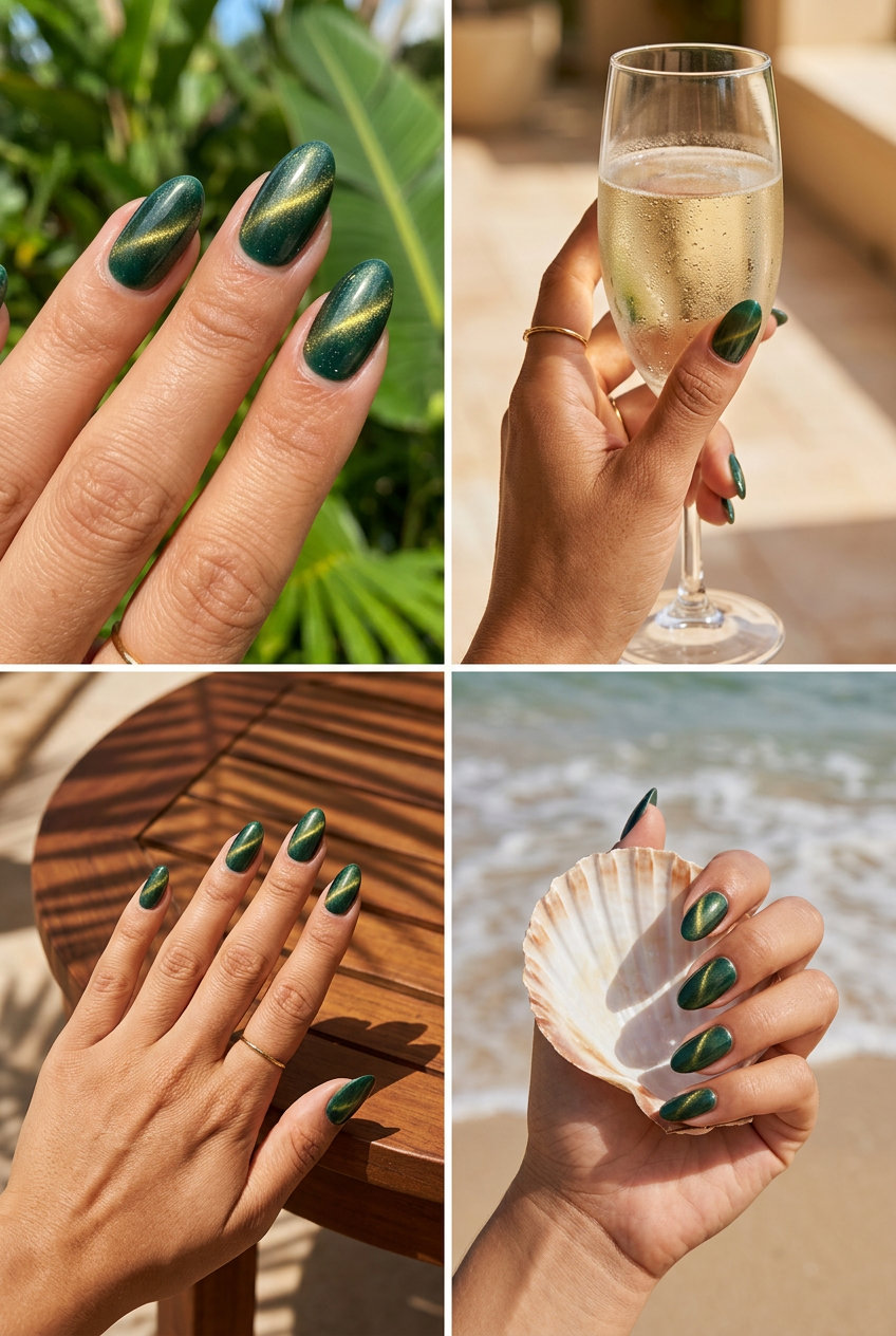 Mystic Emerald Cat-Eye nails: deep green with gold/silver shift. Summer nails colors 2026 for date nights and parties.