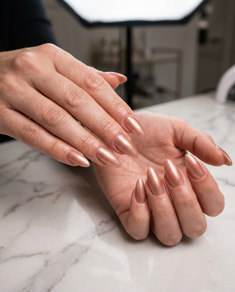 Rose gold shimmer almond nails, a glamorous choice for summer nails colors 2026 evenings.