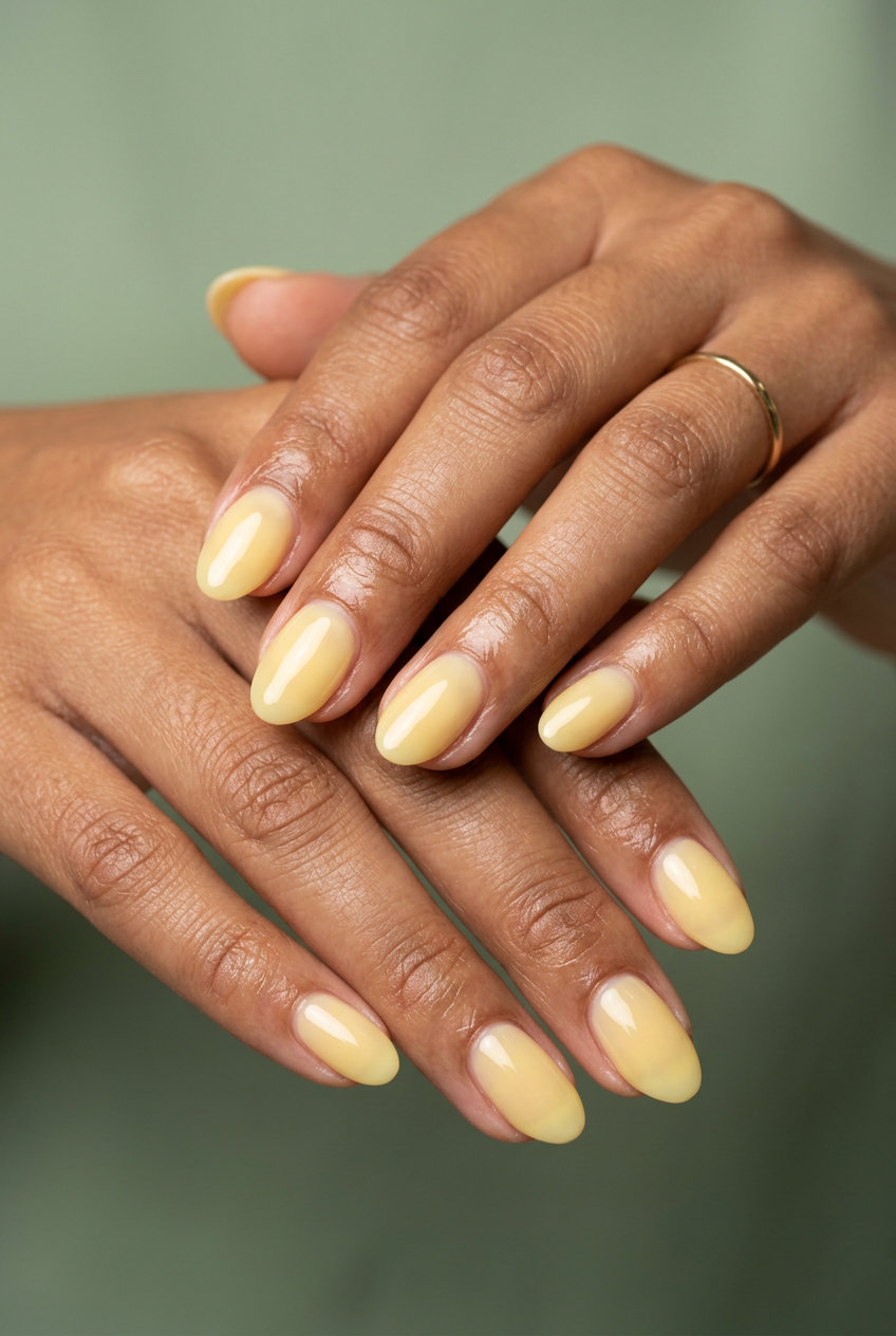 Butter Yellow Sheer Gloss nails: Delicate, glossy yellow for effortless summer nails colors 2026 casual wear.